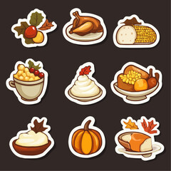Set of vector stickers featuring roasted turkey, pumpkin pie, mashed potatoes, corn, autumn leaves and cranberries, flat colorful style, outlined,  isolated, cohesive design for seasonal sticker packs