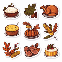 Vector sticker pack with Thanksgiving-themed food and decor icons. Roasted turkey, side dishes and autumn elements in cohesive flat style for seasonal use