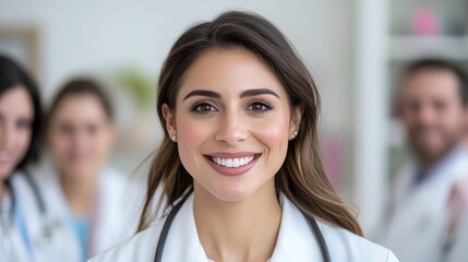A smiling female doctor is the focus, wearing a white coat and stethoscope. Other doctors are blurred in the background. The image is sharp and well-lit. It uses a professional style with warm tones