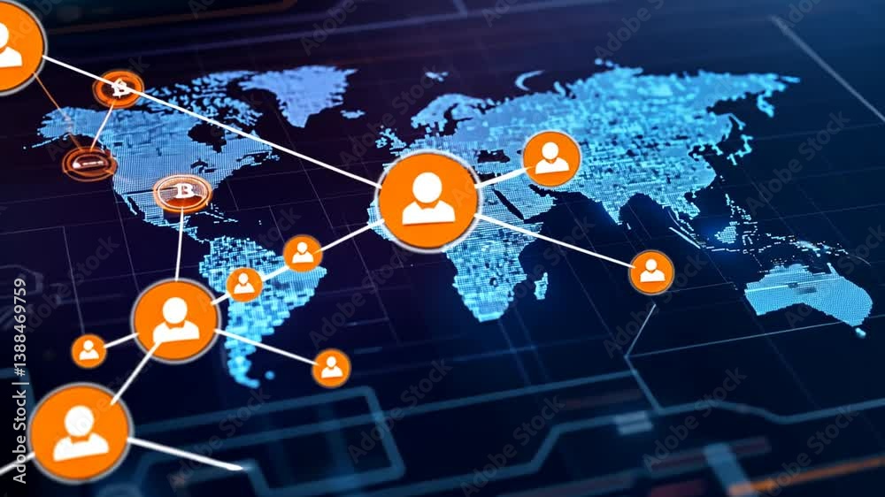 Poster global blockchain network connecting users on a digital map generative ai