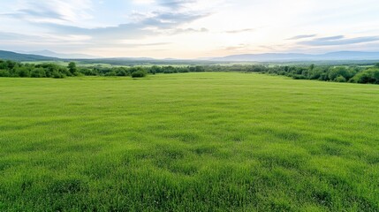 Fototapeta premium Expansive green field stretching to a distant horizon under a soft sky