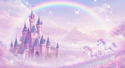 Magical Unicorn Fantasy Pastel Castle Rainbow and Unicorns in a Dreamy Landscape © Candra