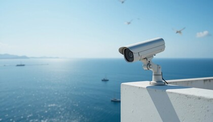 Coastal Security Surveillance Camera overlooking Ocean Boats and Sky