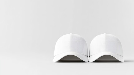 Obraz premium Two blank white baseball caps sit side-by-side against a plain white background. The image is clean and simple, high resolution, with even lighting. The style is minimalist and modern. The overall mo
