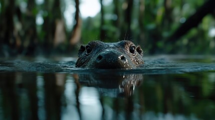 Fototapeta premium Close-up of a large reptile, head and snout above water in a swamp. Jungle background