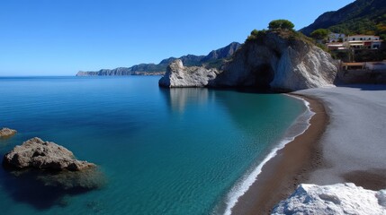Obraz premium Stunning coastal scenery with turquoise water, white cliffs, and a pebble beach. Tranquil Mediterranean bay