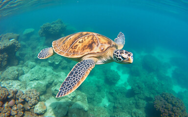 Fototapeta premium A sea turtle swims in clear ocean water, sunlight illuminating the reef below. The vibrant underwater scene showcases the beauty of marine life.