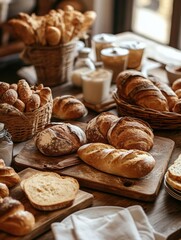 Fototapeta premium Rustic wooden table adorned with fresh golden-brown bread, baguettes, and pastries in a cozy ambience