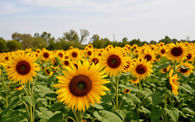 Fototapeta premium A vibrant field of sunflowers in full bloom under a bright sky. The yellow petals and dark centers stand out against the green leaves and distant trees in the background.