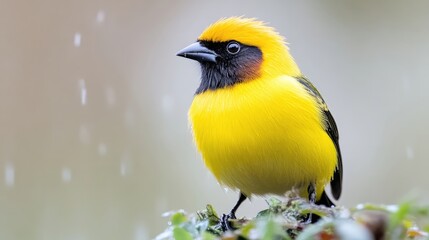 Obraz premium A vibrant yellow bird, with a black head and subtle brown markings, is perched on greenery. The image features a blurred background, suggesting a natural setting. High-resolution detail is evident i