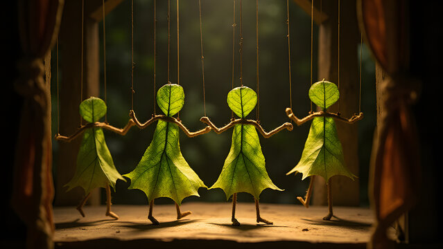Delicate cannabis leaf marionettes dance on hemp strings in a rustic puppet show, with backlight revealing their intricate vein networks.