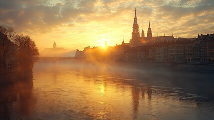 Naklejka premium A beautiful cityscape reflecting in the calm water during a sunrise