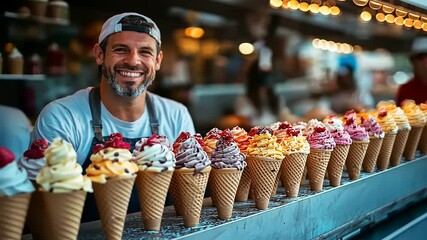 Happy vendor serving colorful ice cream cones at a bustling outdoor market with patrons enjoying - Powered by Adobe