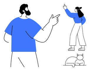 Two individuals pointing in opposite directions while a cat rests nearby. Ideal for teamwork, decision-making, direction, choices, collaboration, communication, guidance. Flat simple metaphor