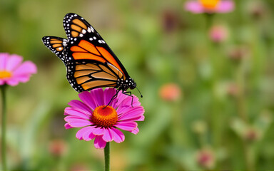Naklejka premium A monarch butterfly with vibrant orange and black wings rests gracefully upon a bright pink flower. Softly blurred green foliage creates a natural, peaceful outdoor scene.