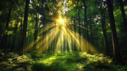 Obraz premium Sunlight streams through a dense forest canopy, illuminating the forest floor with golden rays. Lush greenery and tall trees create a mystical atmosphere