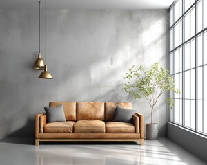 A minimalist modern living room with light ash gray walls, floor-to-ceiling windows, and simple wooden furniture