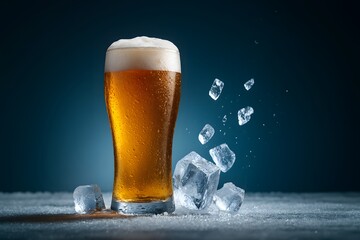 a glass of beer with several ice cubes around the glass