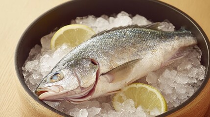 Whole Raw Silver Barramundi Fish with Lemon Slices on Ice in Wooden Bowl