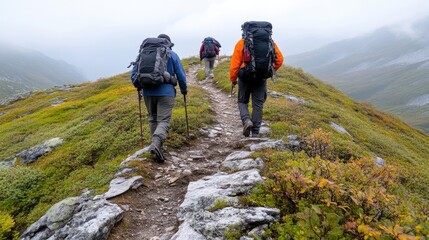 Fototapeta premium Hikers on a mountain trail in mist