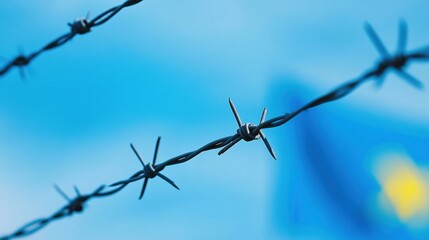 Barbed wire contrasts with the EU flag, symbolizing economic sanctions and restrictions in the current geopolitical climate
