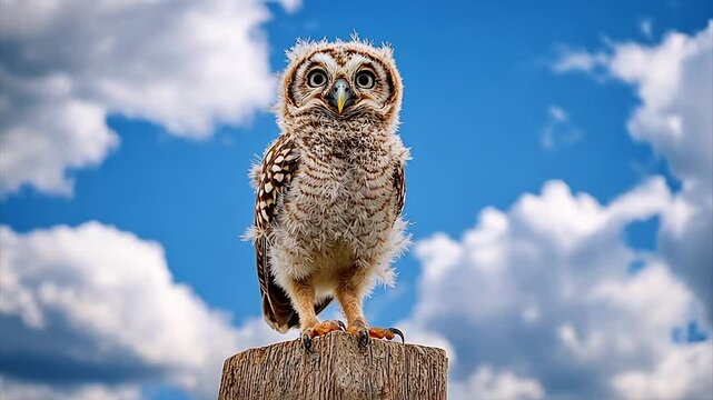Fluffy owlet perched on a weathered post against a vibrant blue sky with fluffy clouds