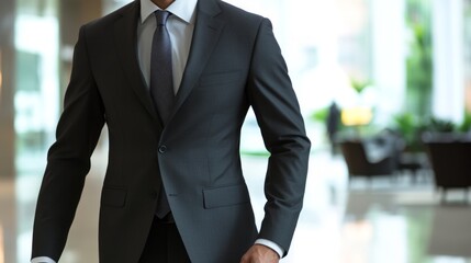 Confident businessman in suit strides forward, embodying determination and focus.
