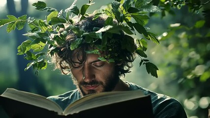 A young man with a leaf crown reads a book in a serene forest setting, sunlight filtering through - Powered by Adobe