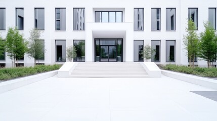 A modern, white building features a central entrance with glass doors and large windows. Steps lead to the entrance, flanked by landscaping. The image is high-quality, brightly lit, and features a m