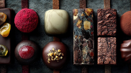 Delight in the intricate textures and rich flavors of artisanal chocolates, captured in a close-up texture photo that showcases exquisite craftsmanship and gourmet indulgence