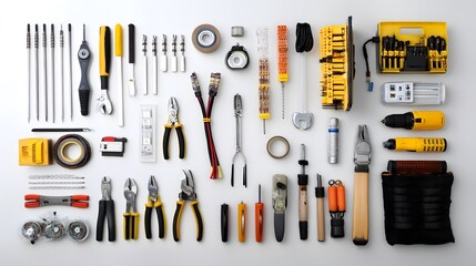 Neatly arranged electrician tools on a white surface, showcasing precision and organization in professional craftsmanship