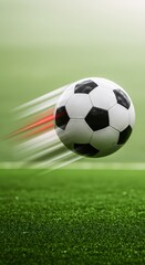 Obraz premium Flying soccer ball on green field background with motion blur effect. Sports betting concept. World Cup, Champions League, football tournament design