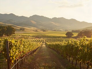 Fototapeta premium Golden hour sunlight bathes rolling hills and vineyards. A picturesque wine region at sunset.