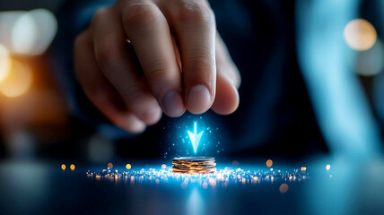 Business professional presents a blue glowing digital target with an arrow in the center.