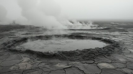 Steaming geothermal pools surrounded by cracked and desolate earth