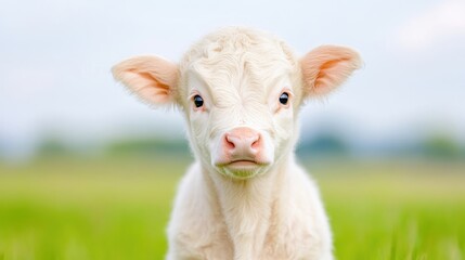 Obraz premium A white calf sits in a grassy field. Its soft fur and large eyes are prominent. The background is blurred, showing a shallow depth of field. The image is high-quality with natural lighting, creating