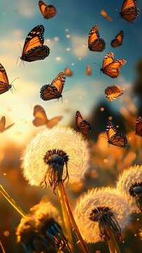 Fototapeta Whimsical butterflies flying over a golden dandelion meadow
