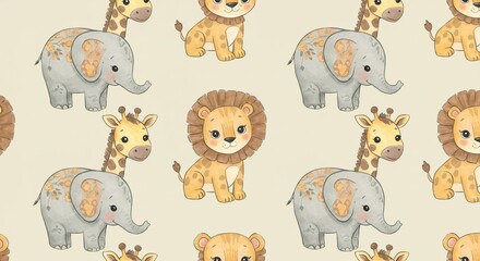 Obraz premium Adorable Watercolor Safari Animals Seamless Pattern Elephants Lions Giraffes