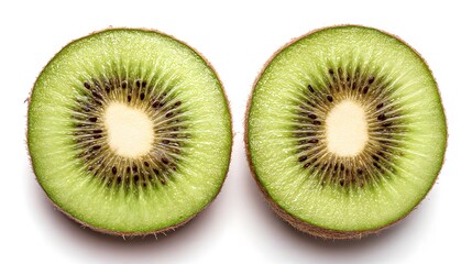 Fototapeta premium Fresh Kiwi Halves with Detailed Texture, Isolated on White Background, Showcasing Natural Vibrancy and Simplicity