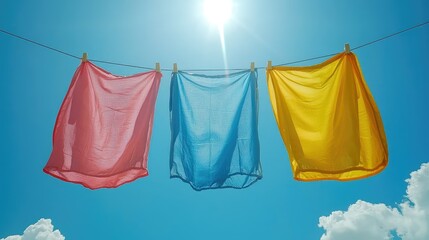 Three colorful pieces of laundry drying under the bright sun