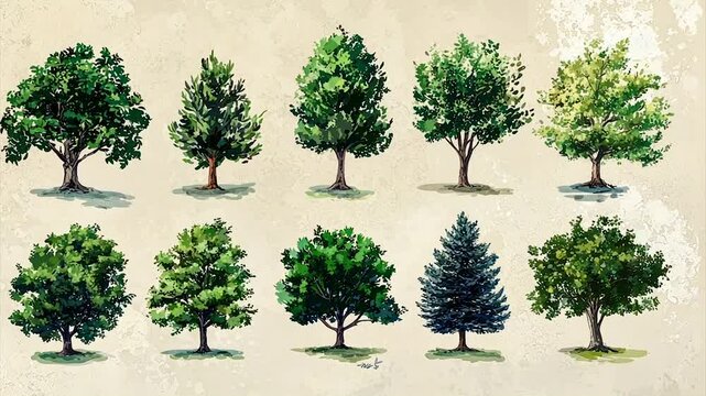 Watercolor illustration of diverse tree species