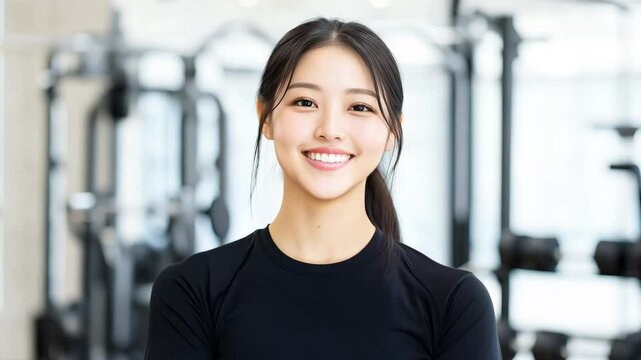 日本人 アジア人 女性 美しい 筋肉 パーソナル トレーナー スマイル ジム バストショット 黒 灰色 白 背景