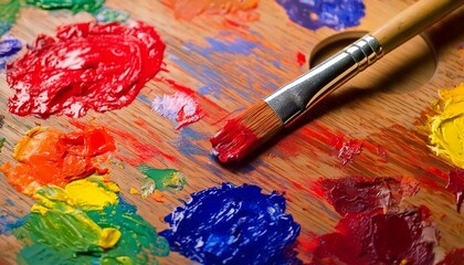 Wooden painter’s palette featuring a rich spectrum of vibrant paint to produce masterpieces, landscape paintings, art. 