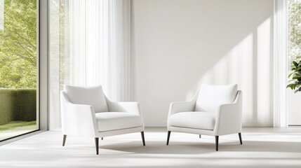 Two white armchairs sit in a bright, minimalist room. The chairs are upholstered in a smooth fabric and have sleek black legs. The image is high-quality, with natural light creating soft shadows. Th