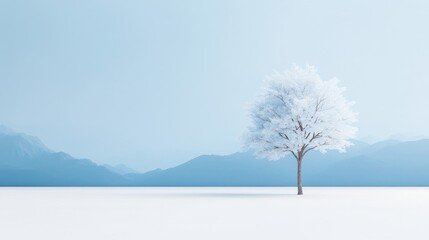 A snow-covered tree stands alone in a serene winter landscape. The minimalist composition features a pale blue sky and distant mountains. High-resolution image with soft lighting creates a peaceful