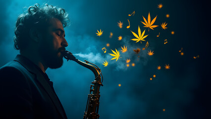 A jazz saxophone releases floating cannabis leaf notes into blue club smoke, each one shimmering with stage light as the musician plays in ecstatic concentration.