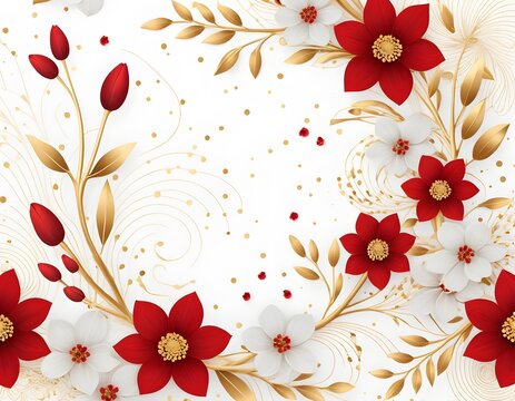 Elegant Floral Design, Red Flowers And Golden Branches On White. Delicate Petals Create Springtime Beauty. Gold Accents Add Festive Touch. Artwork For Cards And Invitations.