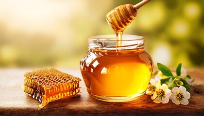Golden honey slowly drizzles from a rustic wooden spoon onto a fresh honeycomb in aesthetic photos, posters, advertisements, promotions.