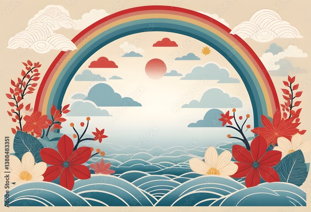 Aufkleber elegant japanese texture with stylized clouds, red and white flowers. rainbow and geometric patterns