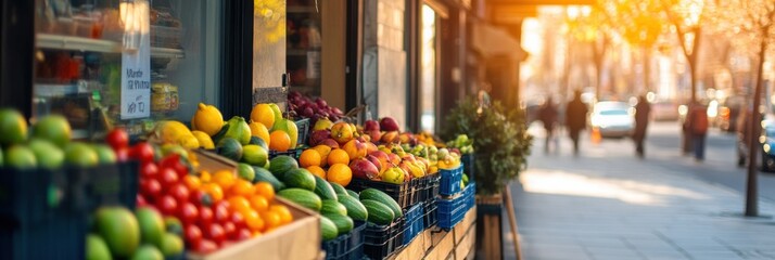Colorful fruit and vegetable display at a corner grocery store on a lively city street during golden hour